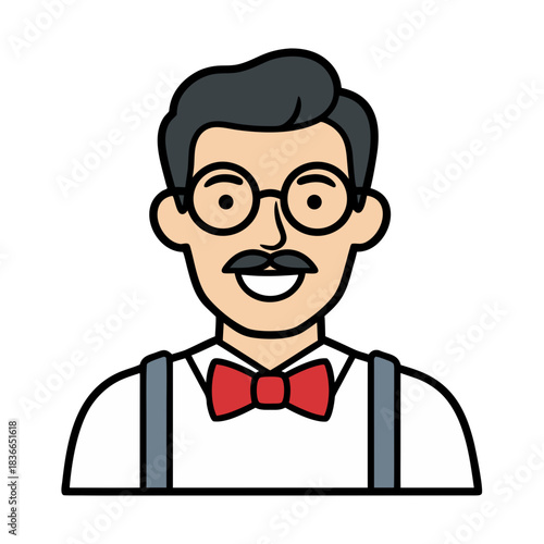 Minimalist Vector Portrait of a Person with Medium Brown Hair and a Neutral Expression Wearing a White Shirt Gray Suspenders and a Red Bowtie with Round Glasses and a Mustache