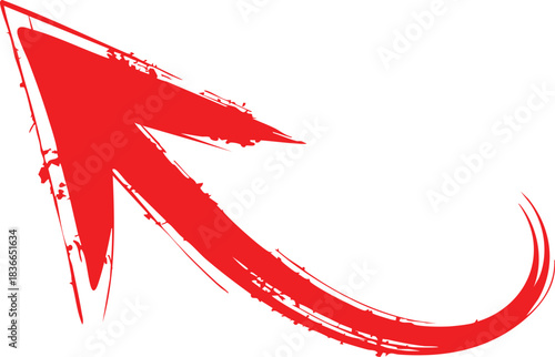 A red arrow marker is isolated on a transparent background, The arrow sign is drawn by hand with a marker, Marked arrow isolated on the background.
