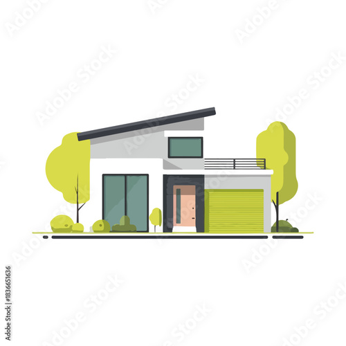 Modern Home Illustration Minimalist House with Green Trees