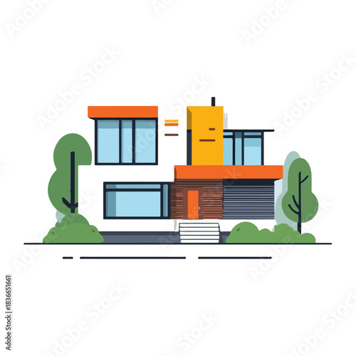 Modern House Illustration with Trees, Minimalist Design, Orange Accents