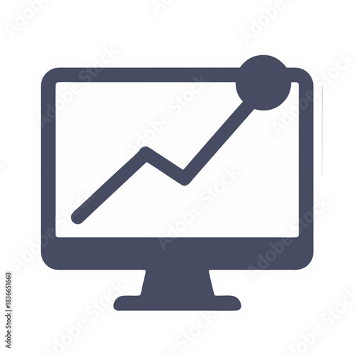 Monitor displaying a dark blue line graph with an upward trend and a circular data point on a white background