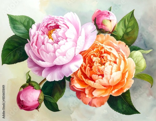 Fototapeta Naklejka Na Ścianę i Meble -  Watercolor illustration of blossoming peonies with buds and green leaves