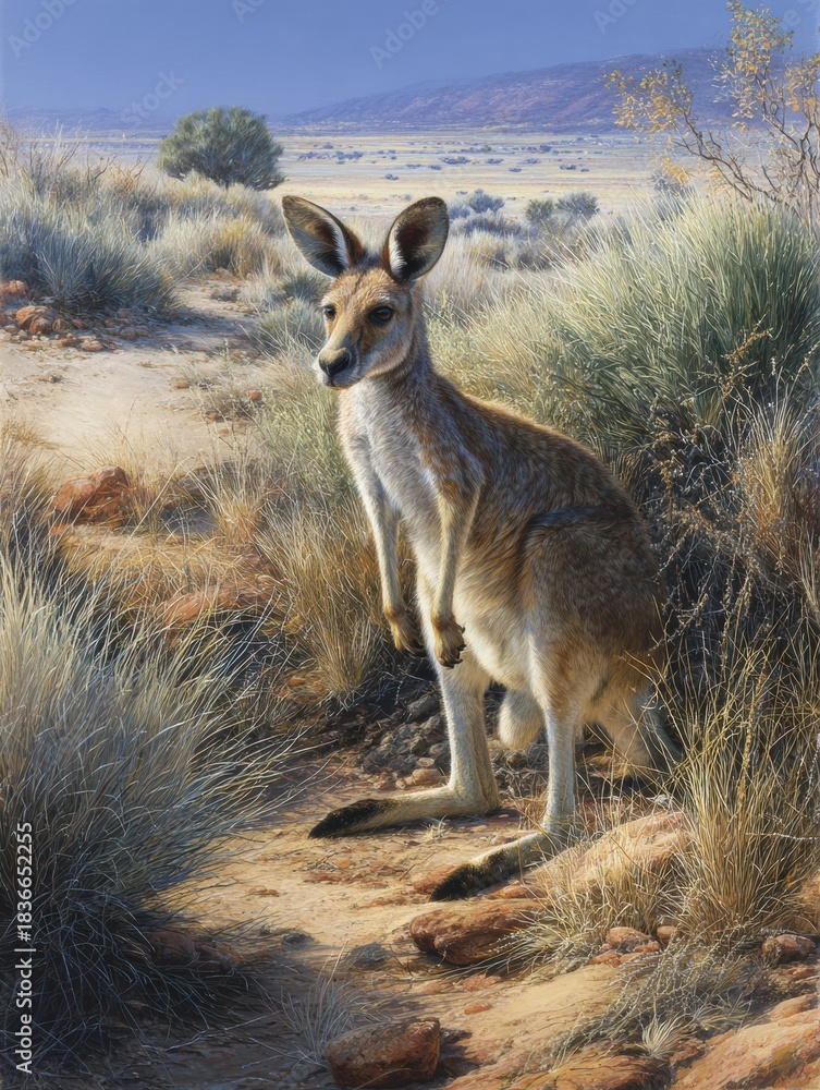 Obraz premium Kangaroo Stands on a Trail in the Australian Outback Showing Movement and Progress in Natural Surroundings at Midday