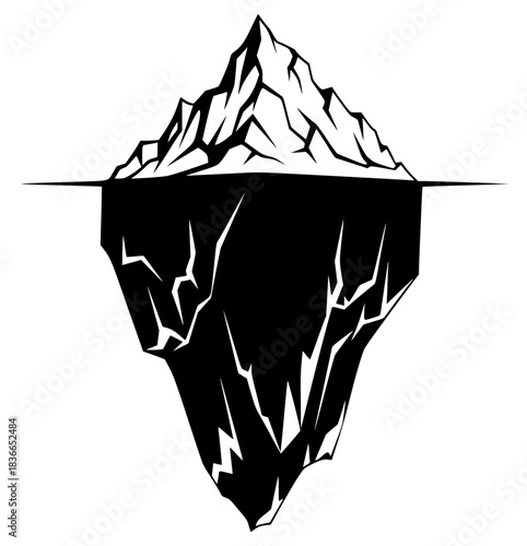 A stylized black and white illustration of an iceberg with a mountain peak and sharp cracks, black, float, ice, iceberg, illustration, sea, against transparent background