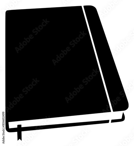 A black and white silhouette of a book with a blank cover, bible, binder, black, blanket, book, flat, folder, hardback book, icon, illustration, journal, notebook, against transparent background