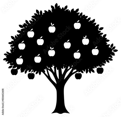 A black and white silhouette of an apple tree with leaves and apples, apple, apple tree, black, fruit, illustration, profile, tree, against transparent background
