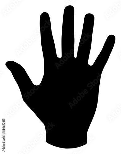 A black silhouette of a hand on a , black, hand, open, profile, sign, against transparent background