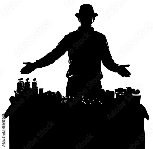 dark silhouette of a man with a top hat and clothing from the industrial revolution era, standing behind a podium or table with various mechanical objects and equipment, dramatic backlighting, detaile
