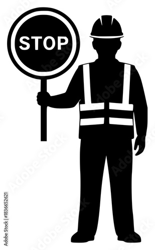 a construction worker holding a stop sign, monochrome, 4K, detailed, photorealistic
