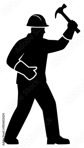 construction worker, holding hammer, hard hat, silhouette, black and white, minimal, geometric, simple, icon
