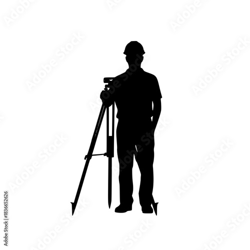 A silhouette of a construction worker holding a surveying device, camera, man, person, photo, photographer, profile, sky, stand, take, telescope, tripod, video camera, against transparent background