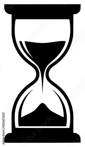 A black and white silhouette of an hourglass, black, hourglass, icon, illustration, profile, sand, against transparent background