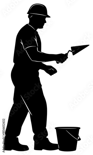 man in silhouette, construction worker, hard hat, tool belt, standing, holding clipboard
