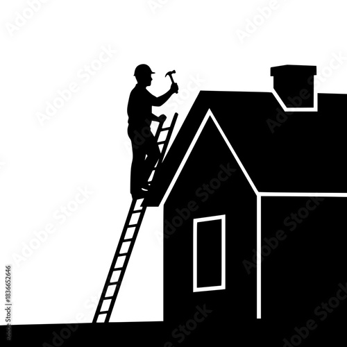 A silhouetted figure of a person standing on a ladder, working on the roof of a house, black and white, minimalist, simple, graphic style
