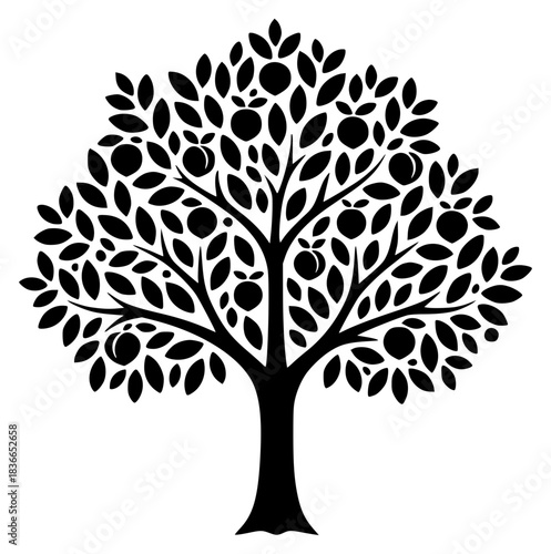 A black and white silhouette of a tree with leaves and fruit motifs, black, illustration, profile, tree, against transparent background
