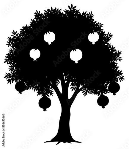 A black and white silhouette of an olive tree with pomegranates hanging from its branches, ball, black, christmas ball, fruit, illustration, orange tree, profile, tree, against transparent background