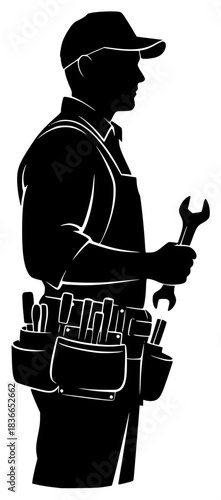 man with hard hat and tool belt, silhouette, black and white illustration, industrial worker, construction worker, vector graphic
