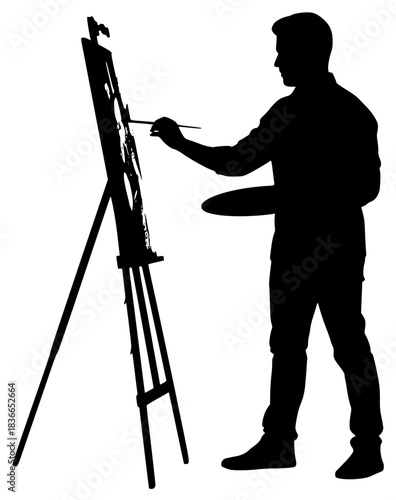 A silhouette of a man painting on an easel, artist, brush, canvas, catch, draw, easel, man, paint brush, palette, picture, profile, stand, against transparent background