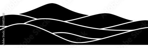 A black and white silhouette of mountains with wavy lines, black, hill, icon, illustration, landscape, mountain, mountain landscape, profile, sea, against transparent background