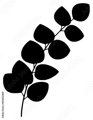 A black and white silhouette of a branch with leaves, black, branch, icon, illustration, plant, profile, stem, twig, against transparent background