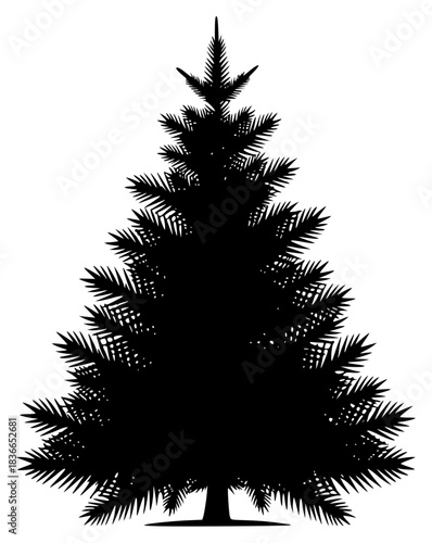 A black and white silhouette of a christmas tree, black, christmas tree, fir tree, illustration, pine, profile, shadow, tree, against transparent background