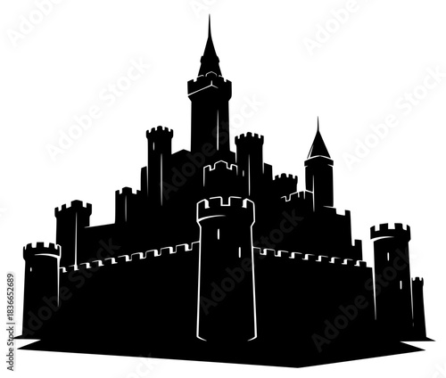 A black and white silhouette of a castle, black, building, castle, city, fort, icon, illustration, medieval, palace, profile, tower, against transparent background