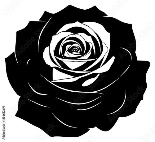 A black and white silhouette of a rose, beautiful, black, bow tie, flower, illustration, profile, rose, stem, white, against transparent background