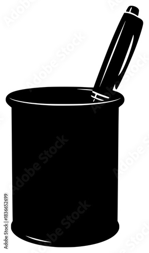 a black and white line art illustration of a pencil in a pencil holder
