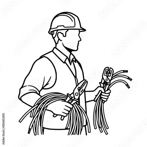 construction worker, hard hat, overalls, working with tools, illustration, black and white line art

