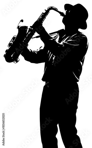 A silhouette of a man playing a saxophone, wearing a hat and a shirt, black, cowboy hat, fedora, hat, instrument, man, play, profile, sax, sun hat, trumpet, against transparent background