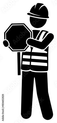 person, figure, standing, silhouette, holding, construction, helmet, tools, industrial, black and white
