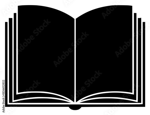 an open book with blank pages, black, book, flat, icon, illustration, open, profile, against transparent background