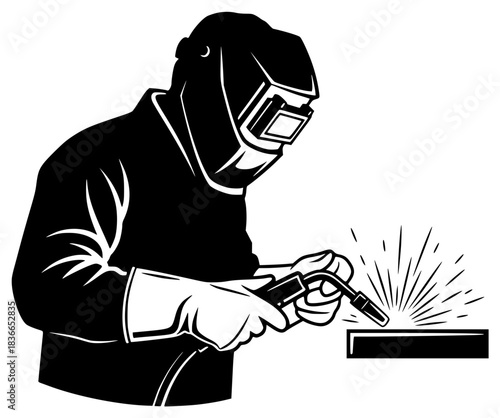 A black and white silhouette of a welder using a torch to cut metal, black, gasmask, hammer, illustration, job, man, mask, metal, profile, spark, tool, wear, welder, against transparent background