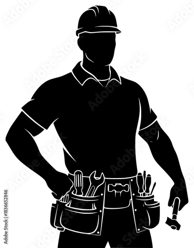 construction worker, hard hat, toolbelt, industrial, silhouette, black and white, minimalist

