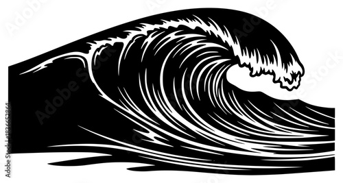 A black and white silhouette of a large wave, black, curl, illustration, image, profile, sea, wave, white, against transparent background