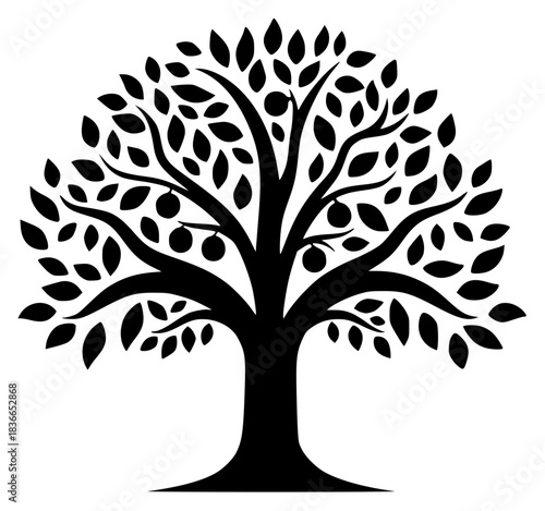 A black and white silhouette of a tree with leaves and people in it, black, illustration, profile, tree, against transparent background