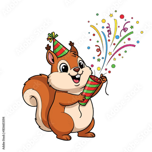 Cute squirrel wearing party hat celebrating with confetti popper