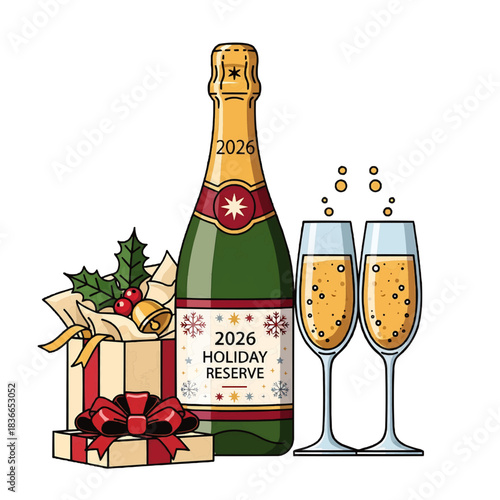 Champagne bottle, gift box, and two flutes for 2026 new year