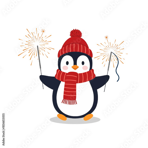 Cute cartoon penguin wearing winter hat and scarf holding sparkler
