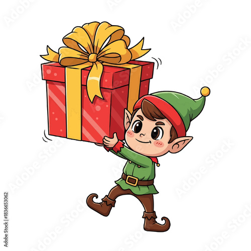 Cute christmas elf carrying a large red gift box with gold bow