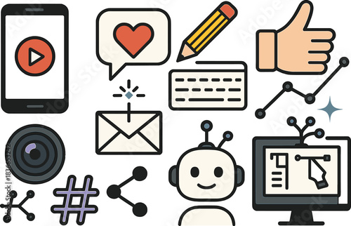 Digital Media, Social Interaction and AI Icon Set