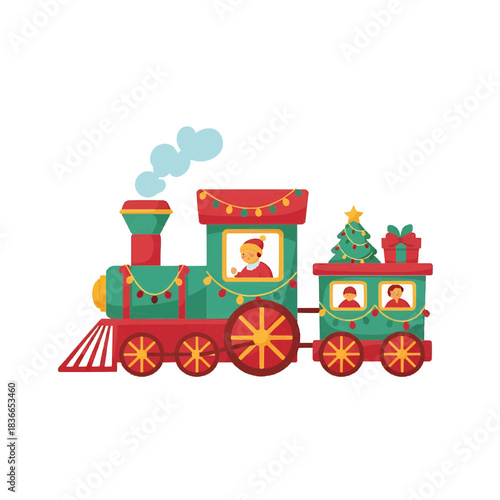 Cute christmas holiday train with elf driver and passenger car