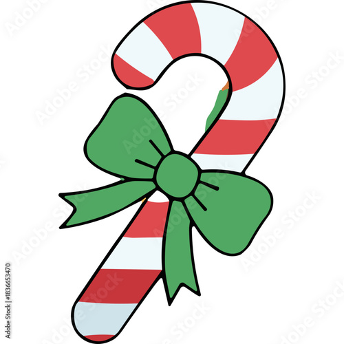 Christmas Candy Cane With Green Ribbon and Red Stripes On Black Background Festive Holiday Treat Symbol Winter Season Celebration Joy Merry X Mas Icon