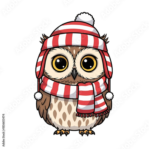 A cute owl wearing a striped hat and scarf, standing and staring