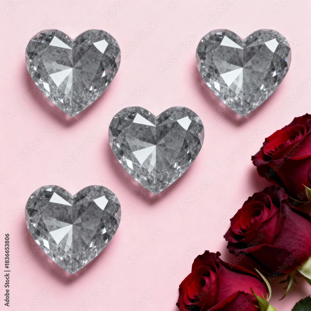 Fototapeta premium Grey cristal shaped hearts and red roses, on a soft pink background. Valentin's Day.