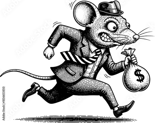 illustration of engraved running mouse carrying money for social issues concept and anti corruption education design