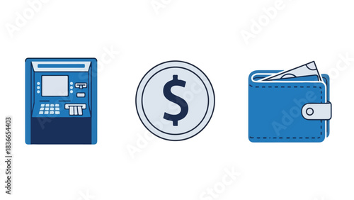 Financial concepts illustration with wallet bank and money bag icons