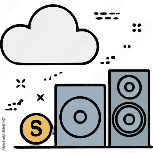 Cloud Data Storage Connected To Speakers Symbolizing Audio Streaming Services And Digital Music Access Over The Internet In A Clean White Background Environment