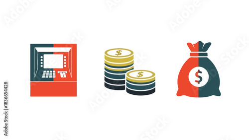 Financial concepts illustration with wallet bank and money bag icons