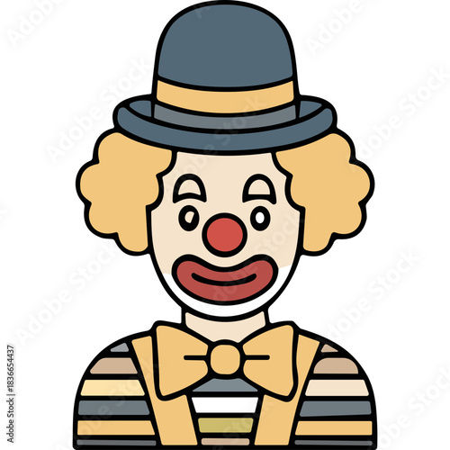 Clown Portrait with Red Nose and Bow Tie wearing a Hat and Striped Outfit against a Black Background Flat Design Vector Illustration
